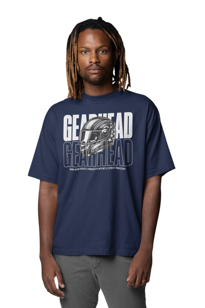 Gearhead Oversize Shirt blau mit Helm-Grafik, Bio-Baumwolle 200 gsm, Biker Streetwear